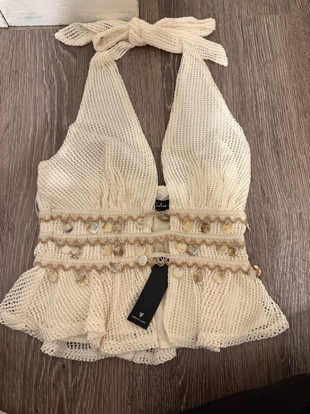Lulu's Cream Crochet Halter Peplum Top with Shell Accents